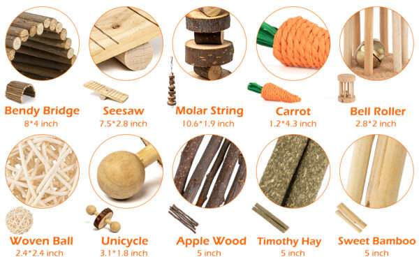 Kit de enriquecimiento para roedores (10 modelos). Juguetes molares naturales de Madera de Manzana, Heno Timothy y bambú. Incluye escondite, columpio y balancín para Hámster, Conejo y Cobaya.
