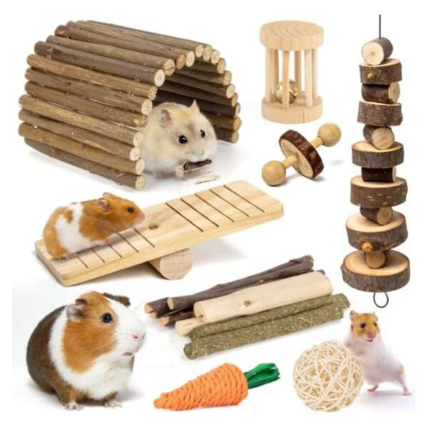 Kit de enriquecimiento para roedores (10 modelos). Juguetes molares naturales de Madera de Manzana, Heno Timothy y bambú. Incluye escondite, columpio y balancín para Hámster, Conejo y Cobaya.