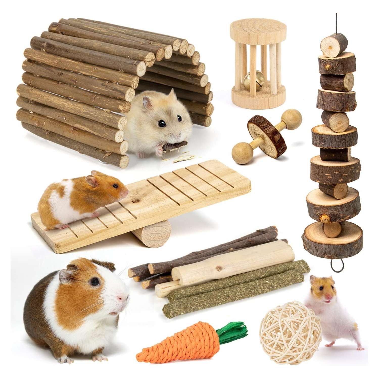 Kit de enriquecimiento para roedores (10 modelos). Juguetes molares naturales de Madera de Manzana, Heno Timothy y bambú. Incluye escondite, columpio y balancín para Hámster, Conejo y Cobaya.