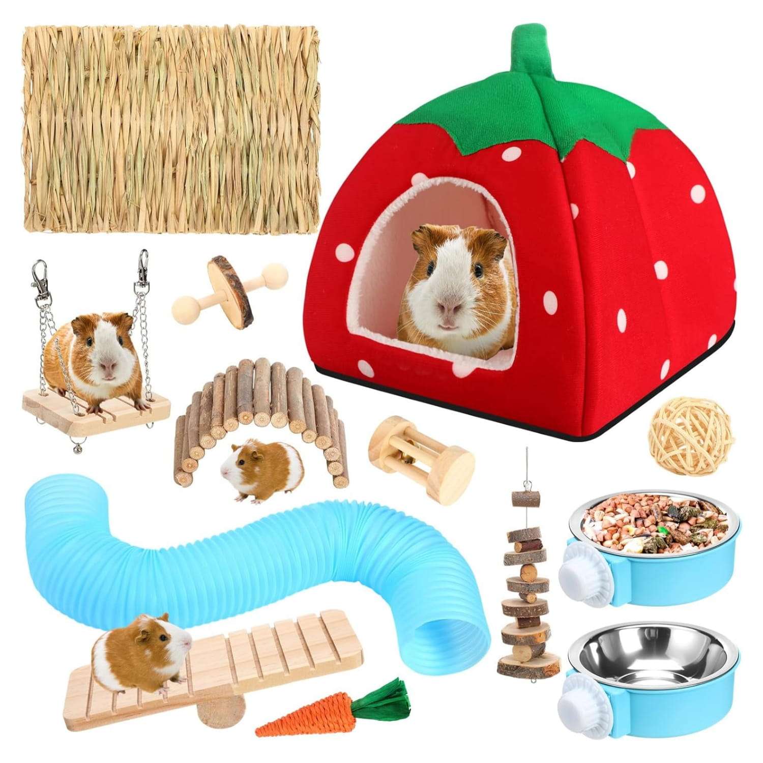 Kit 13 Accesorios Premium para Conejillo de Indias (Cuy). Incluye Cama Cueva Felpa XXL (26 cm), 8 Juguetes Molares y Comederos Colgantes.