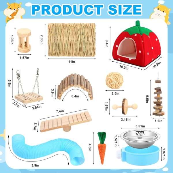 Kit 13 Piezas para Cuy y Conejo Pequeño | Cama Cueva XXL (26 cm), Juguetes Molares y 2 Comederos - Image 2