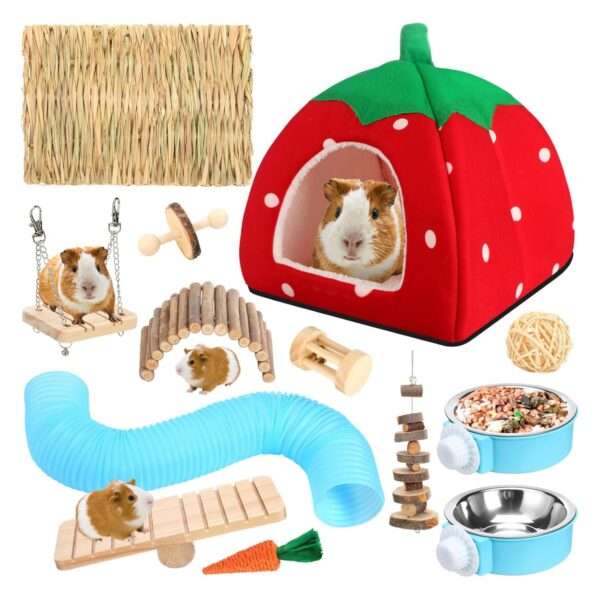 Kit 13 Accesorios Premium para Conejillo de Indias (Cuy). Incluye Cama Cueva Felpa XXL (26 cm), 8 Juguetes Molares y Comederos Colgantes.
