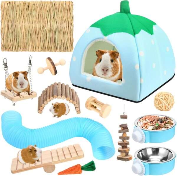 Kit 13 Accesorios Premium para Conejillo de Indias (Cuy). Incluye Cama Cueva Felpa XXL (26 cm), 8 Juguetes Molares y Comederos Colgantes.
