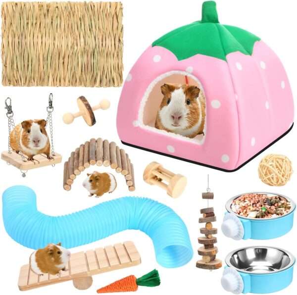 Kit 13 Accesorios Premium para Conejillo de Indias (Cuy). Incluye Cama Cueva Felpa XXL (26 cm), 8 Juguetes Molares y Comederos Colgantes.