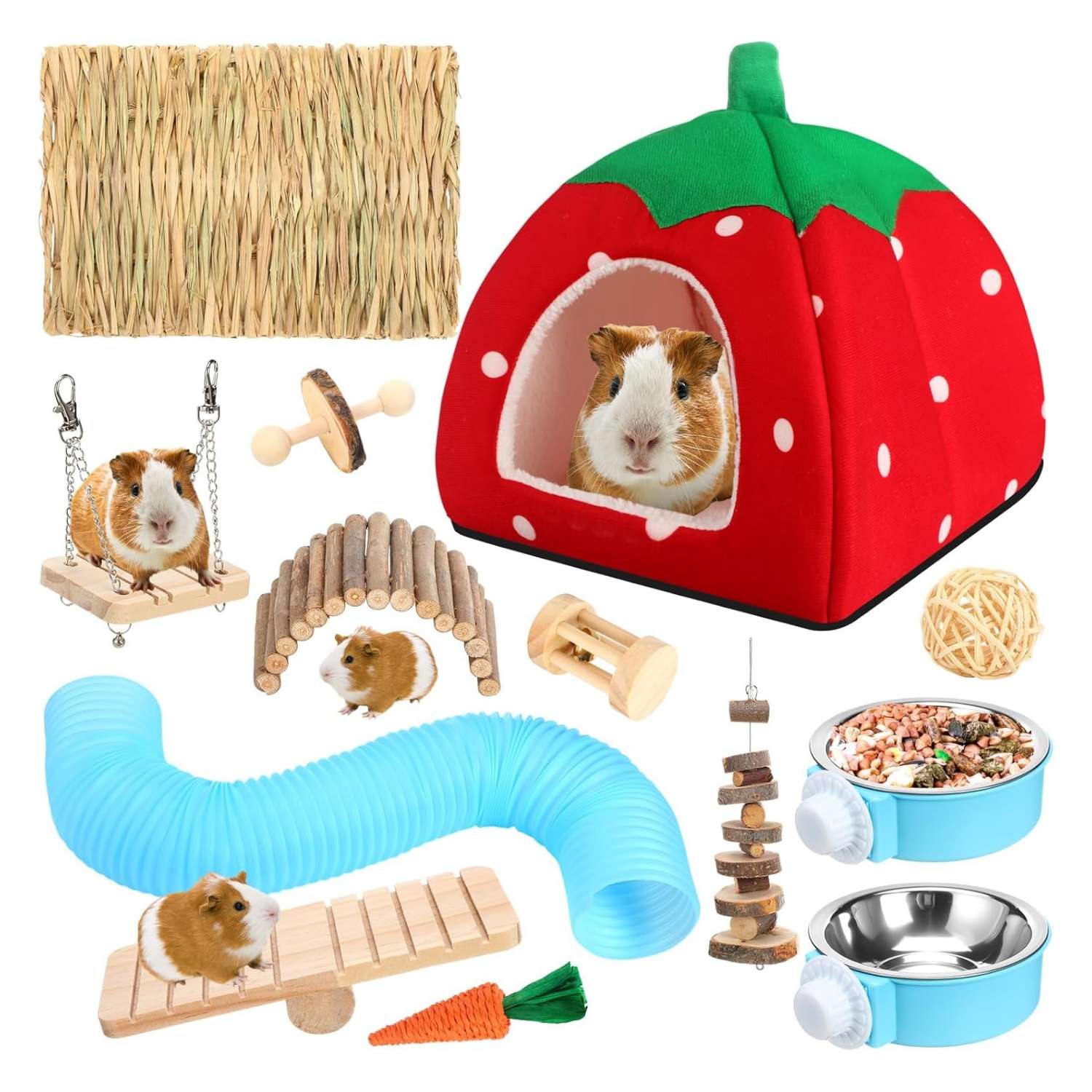 Kit 13 Accesorios Premium para Conejillo de Indias (Cuy). Incluye Cama Cueva Felpa XXL (26 cm), 8 Juguetes Molares y Comederos Colgantes.