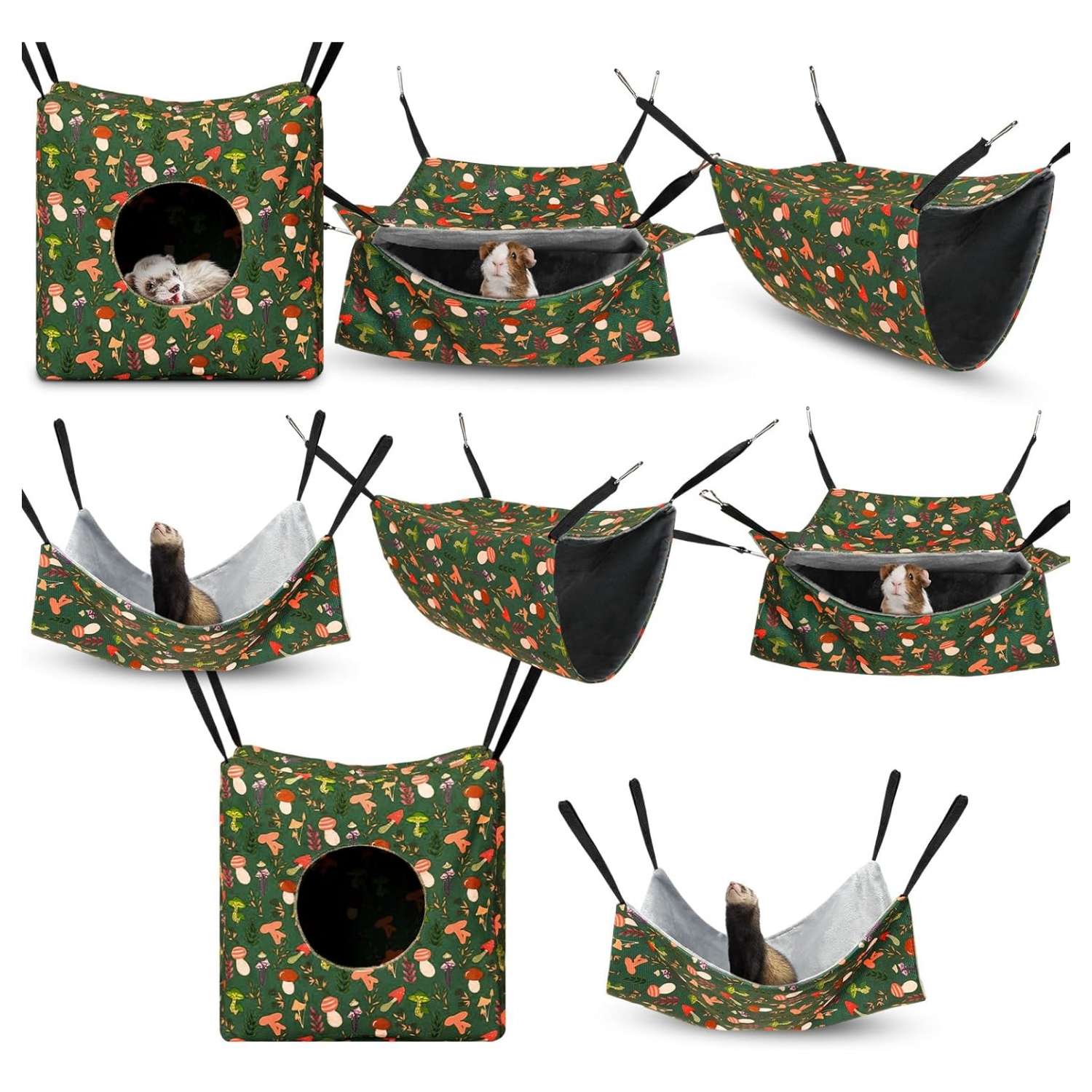 Kit 4-en-1 (8 piezas) de Hamacas Dobles, Túnel, Nidos y Mantas para Hurón, Cobaya (Cuy) y Ratas. Accesorios ajustables y lavables.