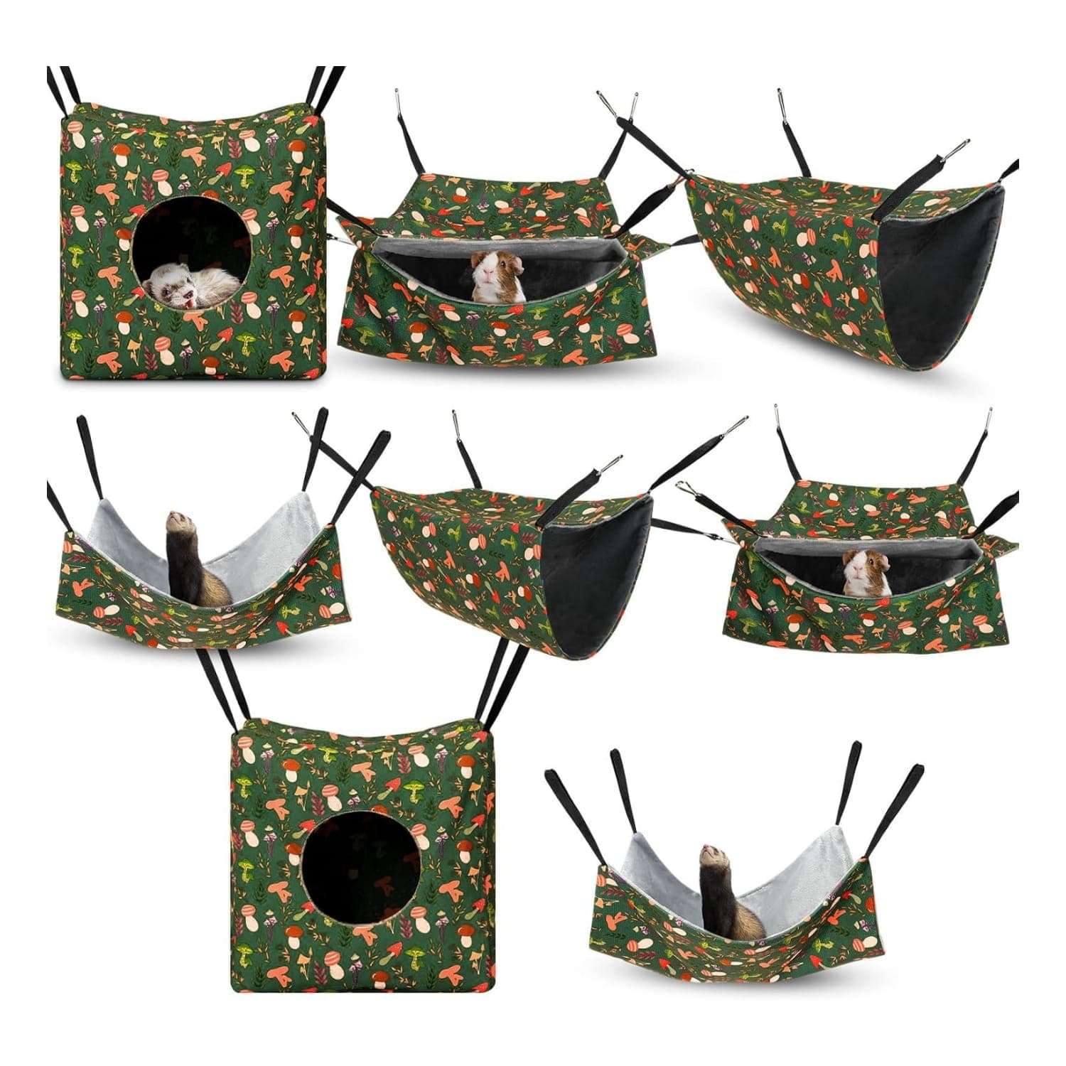Kit 4-en-1 (8 piezas) de Hamacas Dobles, Túnel, Nidos y Mantas para Hurón, Cobaya (Cuy) y Ratas. Accesorios ajustables y lavables.