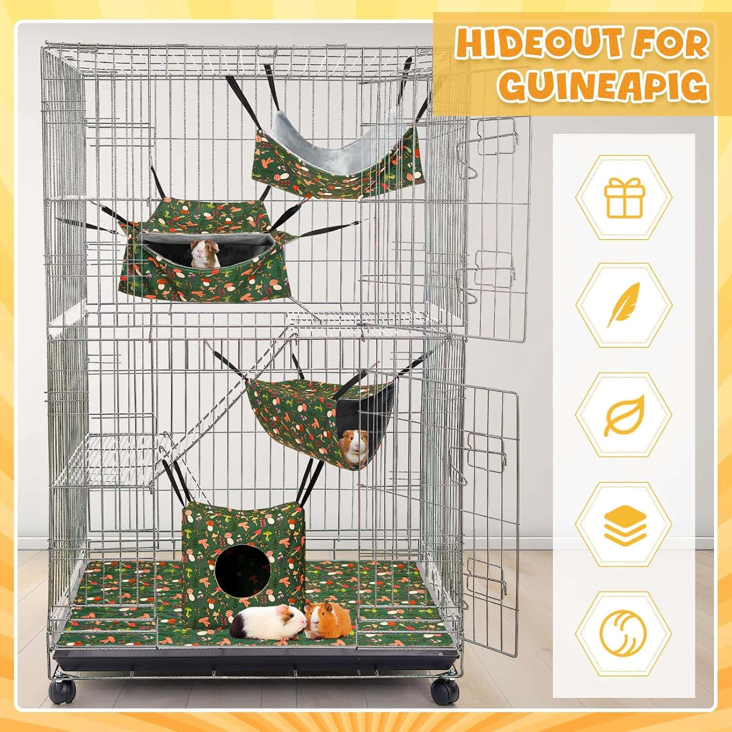 Kit 4-en-1 (8 piezas) de Hamacas Dobles, Túnel, Nidos y Mantas para Hurón, Cobaya (Cuy) y Ratas. Accesorios ajustables y lavables.