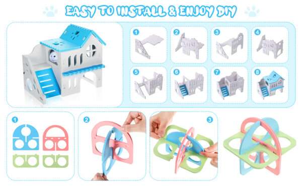 Kit de 5 accesorios para jaula de hámster de madera-plástico. Incluye casa doble piso, rueda, balancín, columpio y puente para jerbos y ratones.