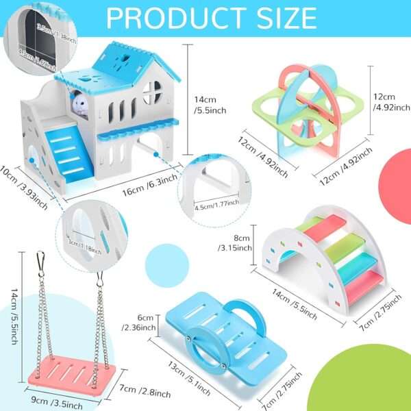 Kit de 5 accesorios para jaula de hámster de madera-plástico. Incluye casa doble piso, rueda, balancín, columpio y puente para jerbos y ratones.
