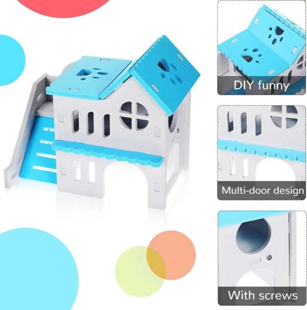Kit de 5 accesorios para jaula de hámster de madera-plástico. Incluye casa doble piso, rueda, balancín, columpio y puente para jerbos y ratones.