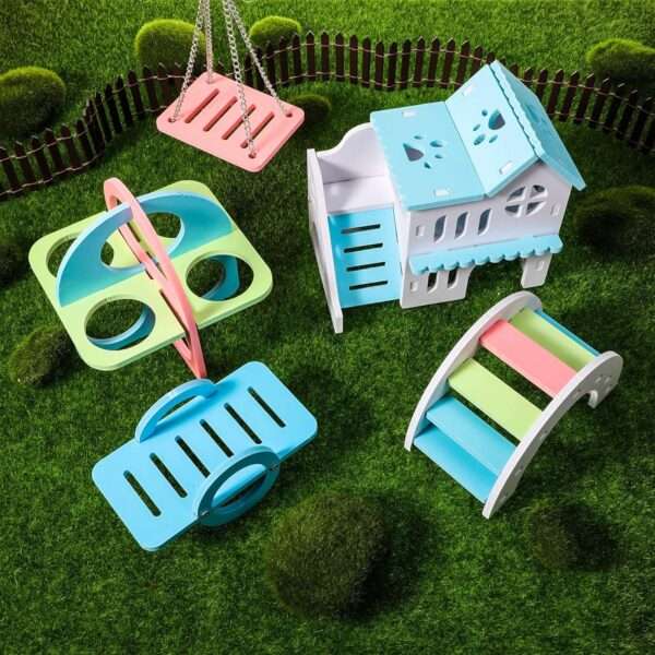 Kit de 5 accesorios para jaula de hámster de madera-plástico. Incluye casa doble piso, rueda, balancín, columpio y puente para jerbos y ratones.