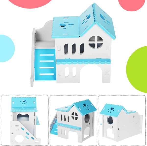 Kit de 5 accesorios para jaula de hámster de madera-plástico. Incluye casa doble piso, rueda, balancín, columpio y puente para jerbos y ratones.