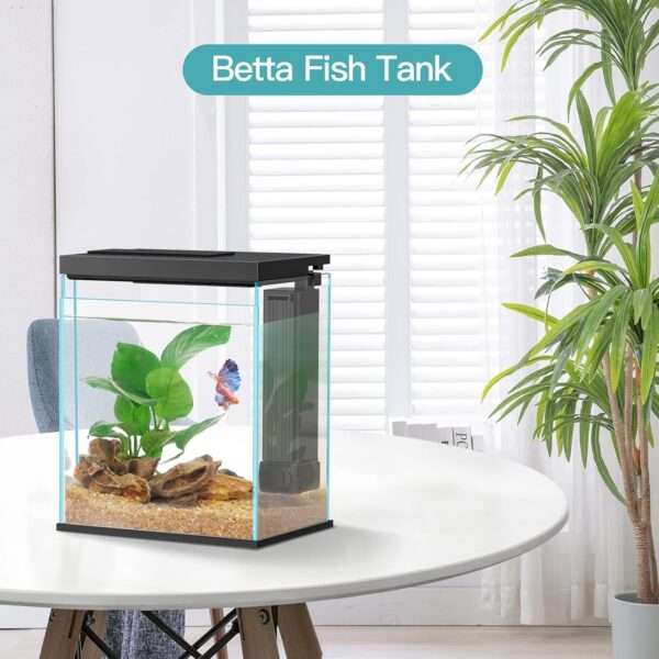 Acuario de cristal Kit Pro Betta 2 galones (15x21x28 cm) con Filtro Hang-On actualizado, luz LED 3 colores y temporizador para inicio fácil.