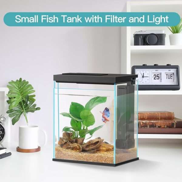 Acuario de cristal Kit Pro Betta 2 galones (15x21x28 cm) con Filtro Hang-On actualizado, luz LED 3 colores y temporizador para inicio fácil.