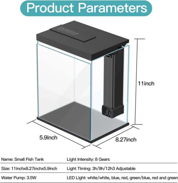Acuario de cristal Kit Pro Betta 2 galones (15x21x28 cm) con Filtro Hang-On actualizado, luz LED 3 colores y temporizador para inicio fácil.