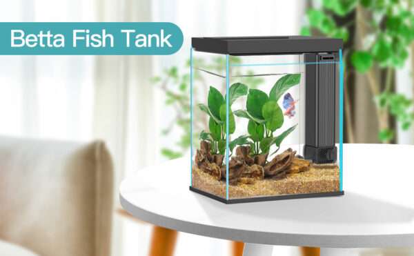 Acuario de cristal Kit Pro Betta 2 galones (15x21x28 cm) con Filtro Hang-On actualizado, luz LED 3 colores y temporizador para inicio fácil.