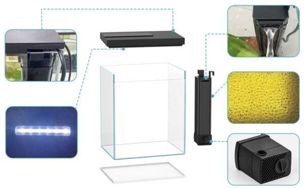 Acuario de cristal Kit Pro Betta 2 galones (15x21x28 cm) con Filtro Hang-On actualizado, luz LED 3 colores y temporizador para inicio fácil.
