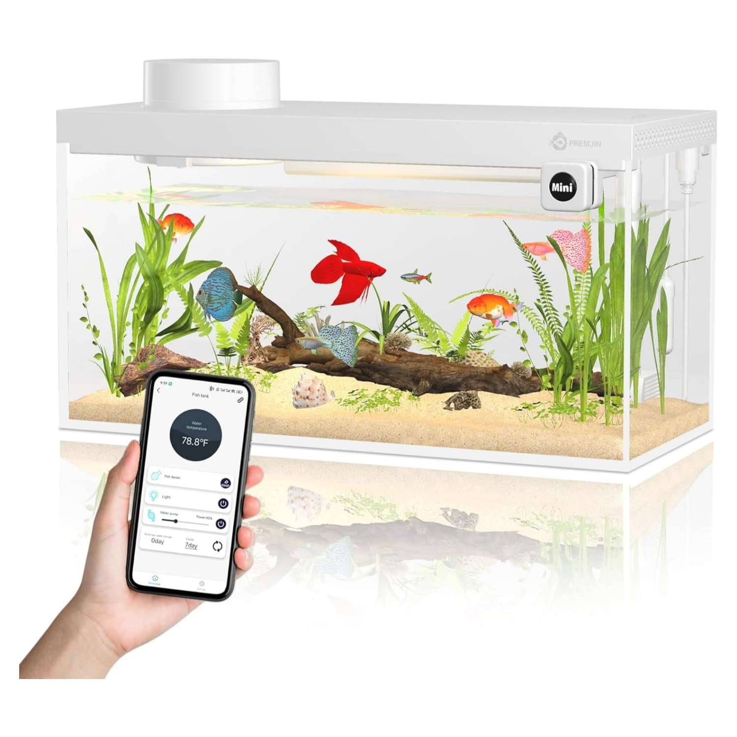 Acuario Inteligente Kit All-in-One con Control Total por App Bluetooth, alimentador automático, termómetro y Vidrio Ultra HD (30x18x14 cm).