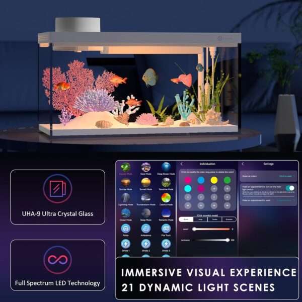 Acuario Inteligente Kit All-in-One con Control Total por App Bluetooth, alimentador automático, termómetro y Vidrio Ultra HD (30x18x14 cm).
