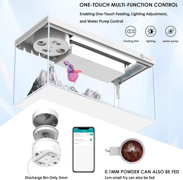 Acuario Inteligente Kit All-in-One con Control Total por App Bluetooth, alimentador automático, termómetro y Vidrio Ultra HD (30x18x14 cm).