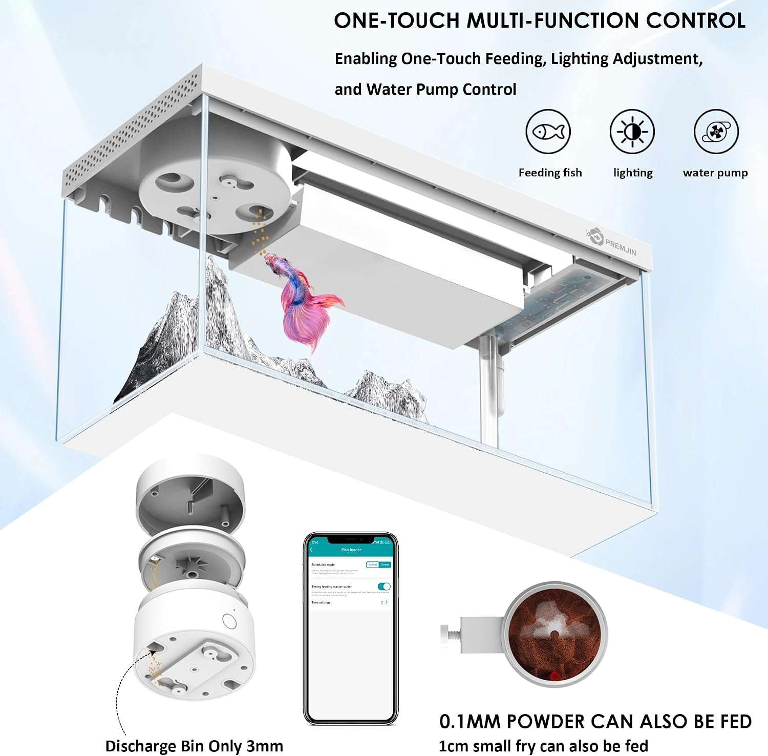 Acuario Inteligente Kit All-in-One con Control Total por App Bluetooth, alimentador automático, termómetro y Vidrio Ultra HD (30x18x14 cm).