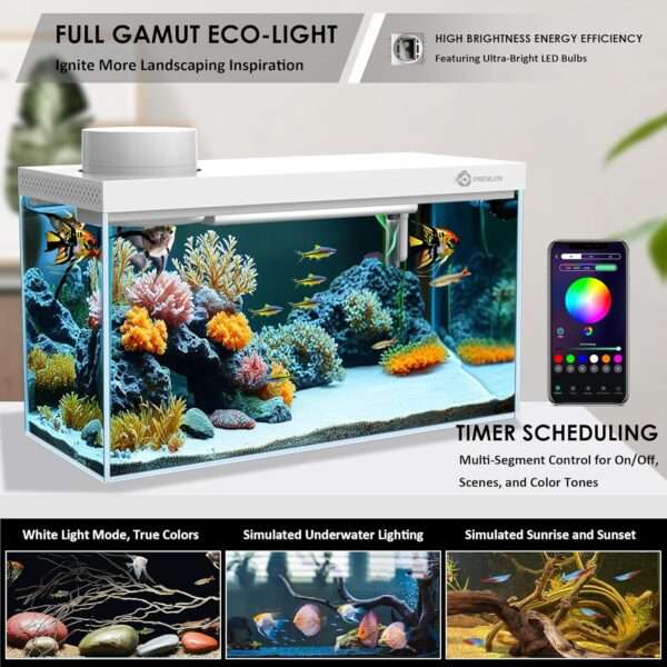 Acuario Inteligente Kit All-in-One con Control Total por App Bluetooth, alimentador automático, termómetro y Vidrio Ultra HD (30x18x14 cm).