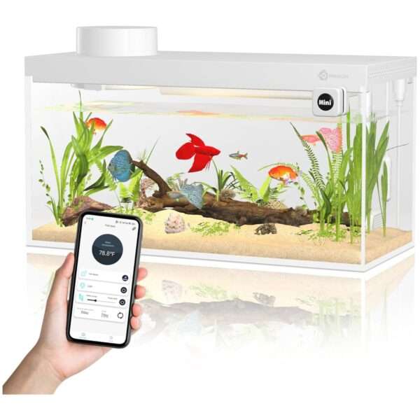 Acuario Inteligente Kit All-in-One con Control Total por App Bluetooth, alimentador automático, termómetro y Vidrio Ultra HD (30x18x14 cm).