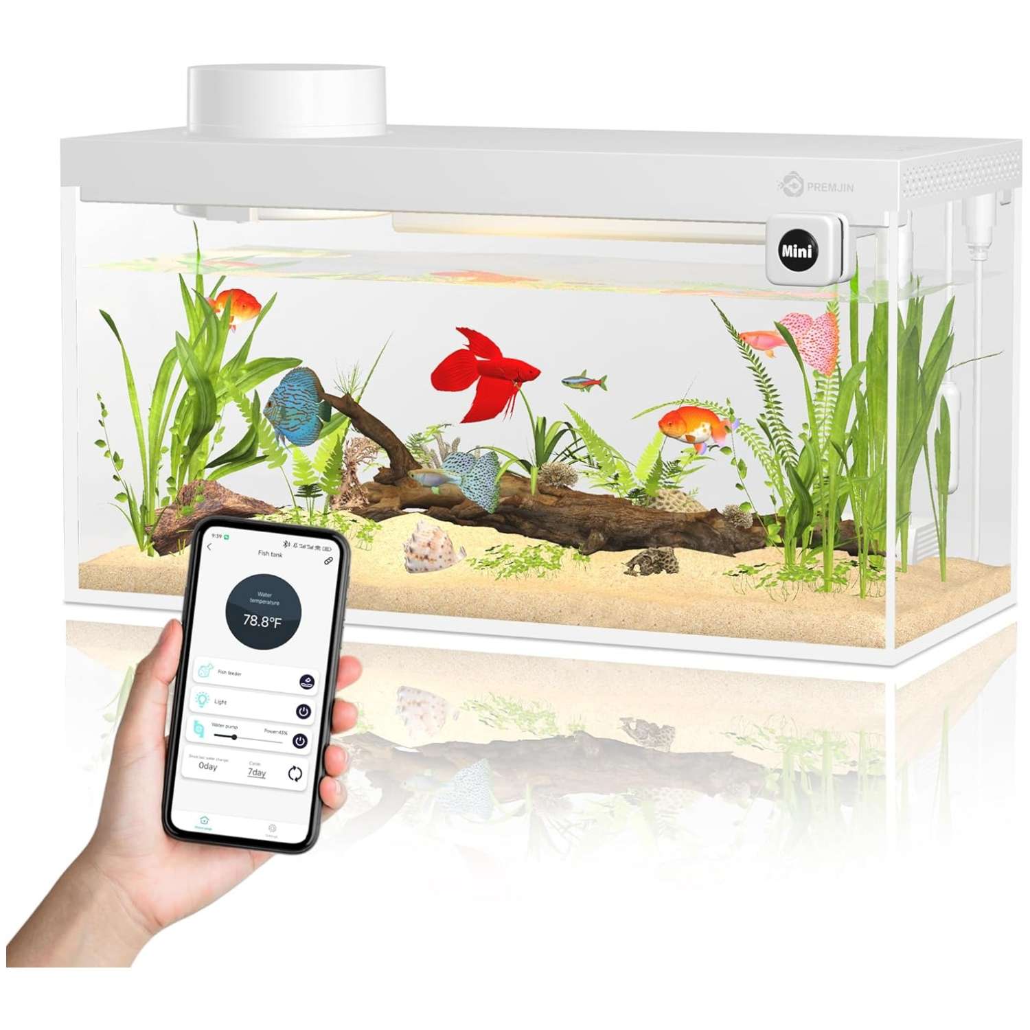 Acuario Inteligente Kit All-in-One con Control Total por App Bluetooth, alimentador automático, termómetro y Vidrio Ultra HD (30x18x14 cm).