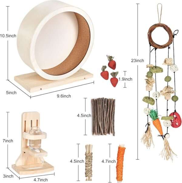 Kit Esencial 7 en 1 Hámster: Rueda de Madera Ultra Silenciosa, Bebedero Ajustable y Juguetes Masticables (ramas y ratán).