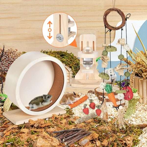 Kit Esencial 7 en 1 Hámster: Rueda de Madera Ultra Silenciosa, Bebedero Ajustable y Juguetes Masticables (ramas y ratán).