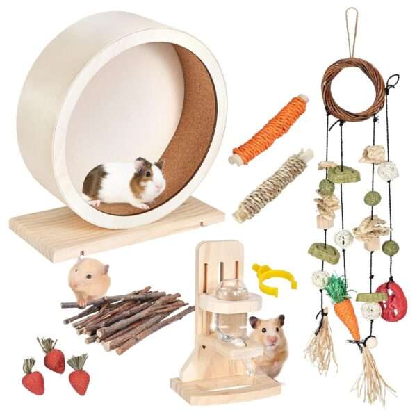Kit Esencial 7 en 1 Hámster: Rueda de Madera Ultra Silenciosa, Bebedero Ajustable y Juguetes Masticables (ramas y ratán).