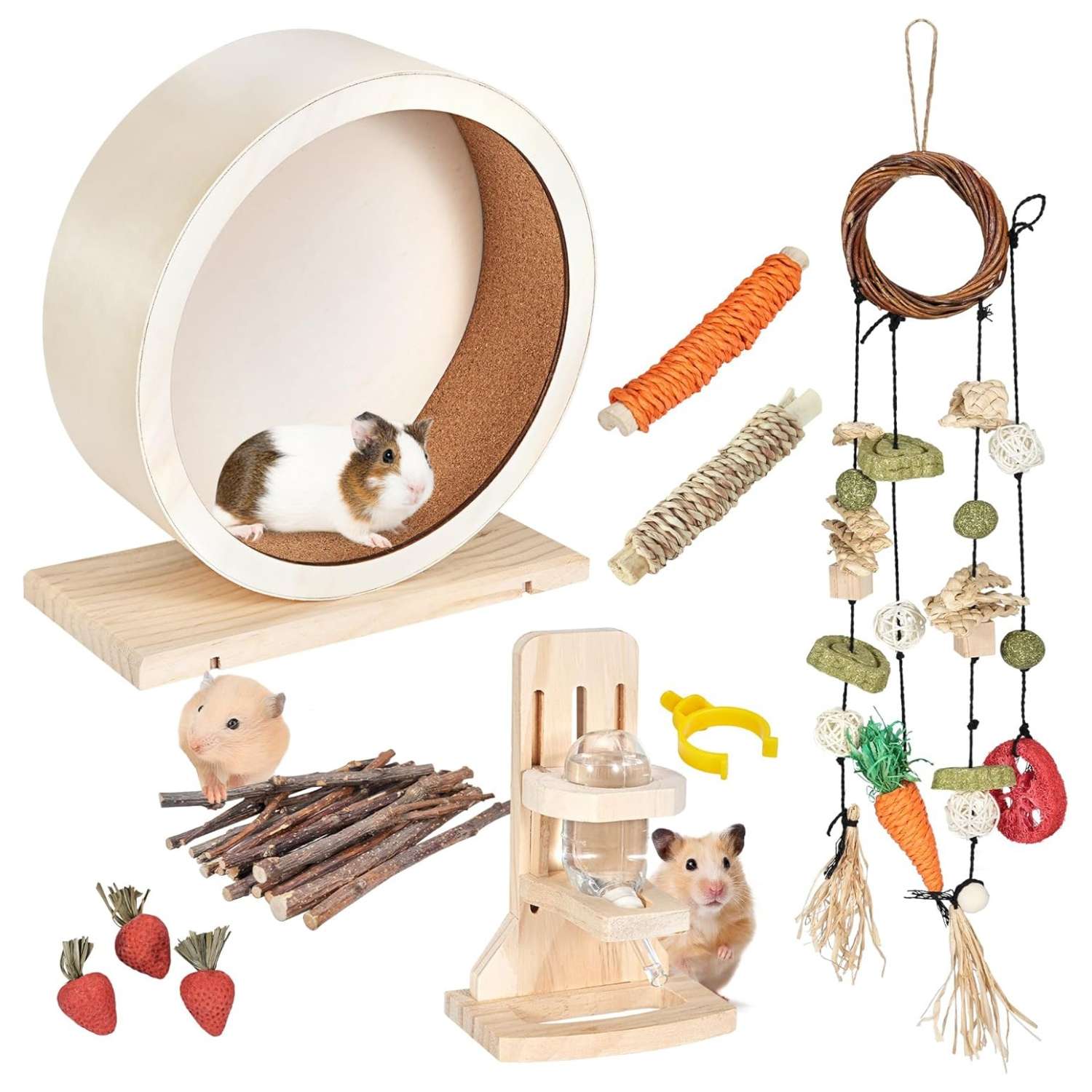Kit Esencial 7 en 1 Hámster: Rueda de Madera Ultra Silenciosa, Bebedero Ajustable y Juguetes Masticables (ramas y ratán).