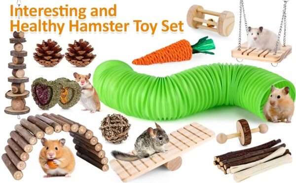 Kit molar 14+ piezas para roedores. Juguetes masticables de Madera de Manzana y Heno Timothy para Hámster, Jerbos, Cobayas y Chinchillas.
