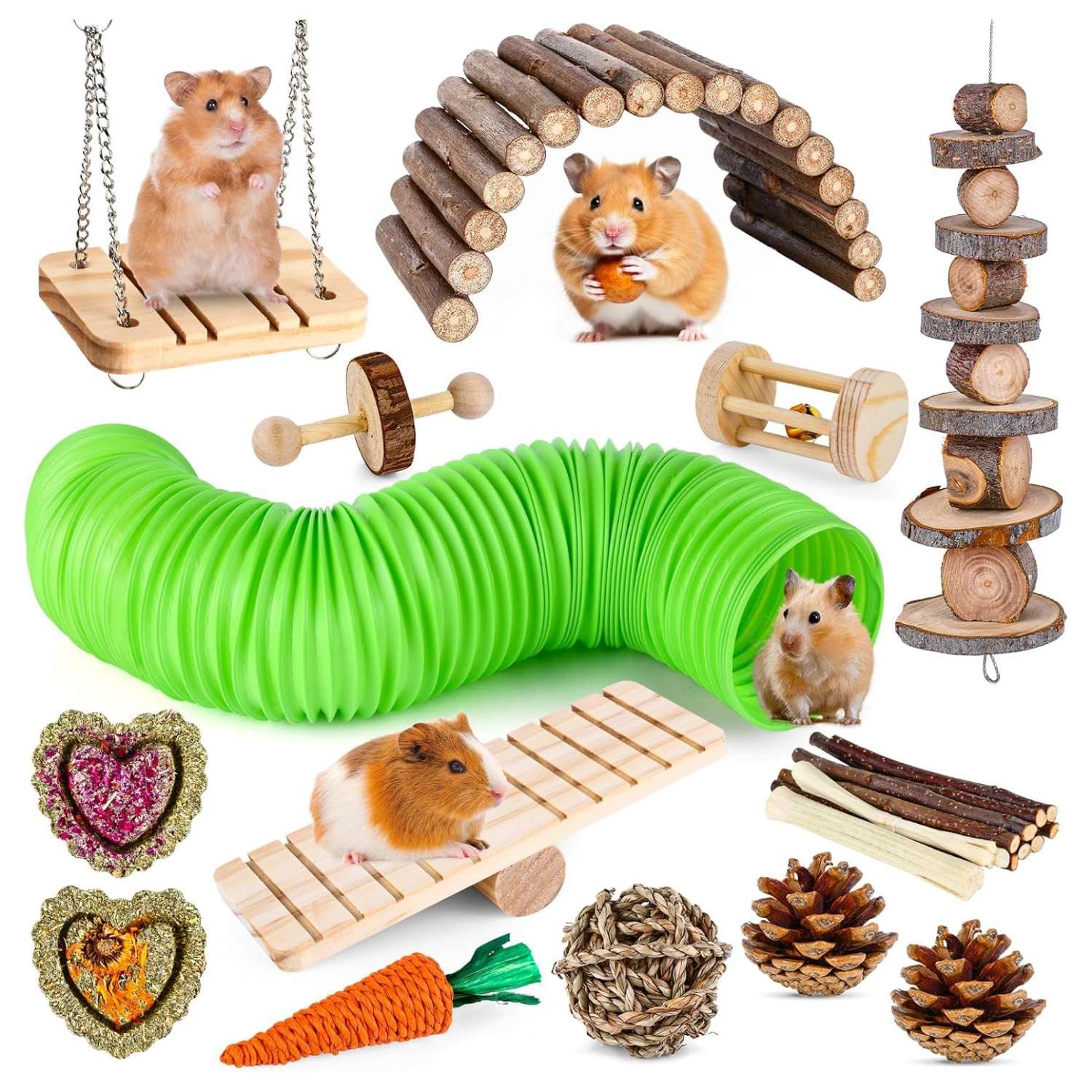 Kit molar 14+ piezas para roedores. Juguetes masticables de Madera de Manzana y Heno Timothy para Hámster, Jerbos, Cobayas y Chinchillas.