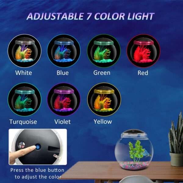 Mini pecera cilíndrica de 1 galón (20x23 cm). Construcción de plástico resistente a impactos, con luz LED de 7 colores y temporizador integrado. Ideal para Betta.
