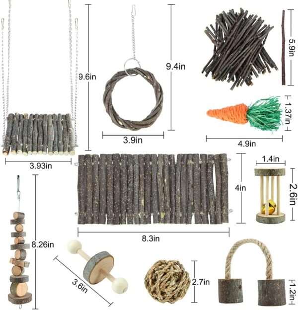 Kit molar 10+ piezas de Madera de Manzana y Heno Timothy 100% natural. Accesorios de enriquecimiento y ejercicio para Hámster, Cobayas y Roedores.