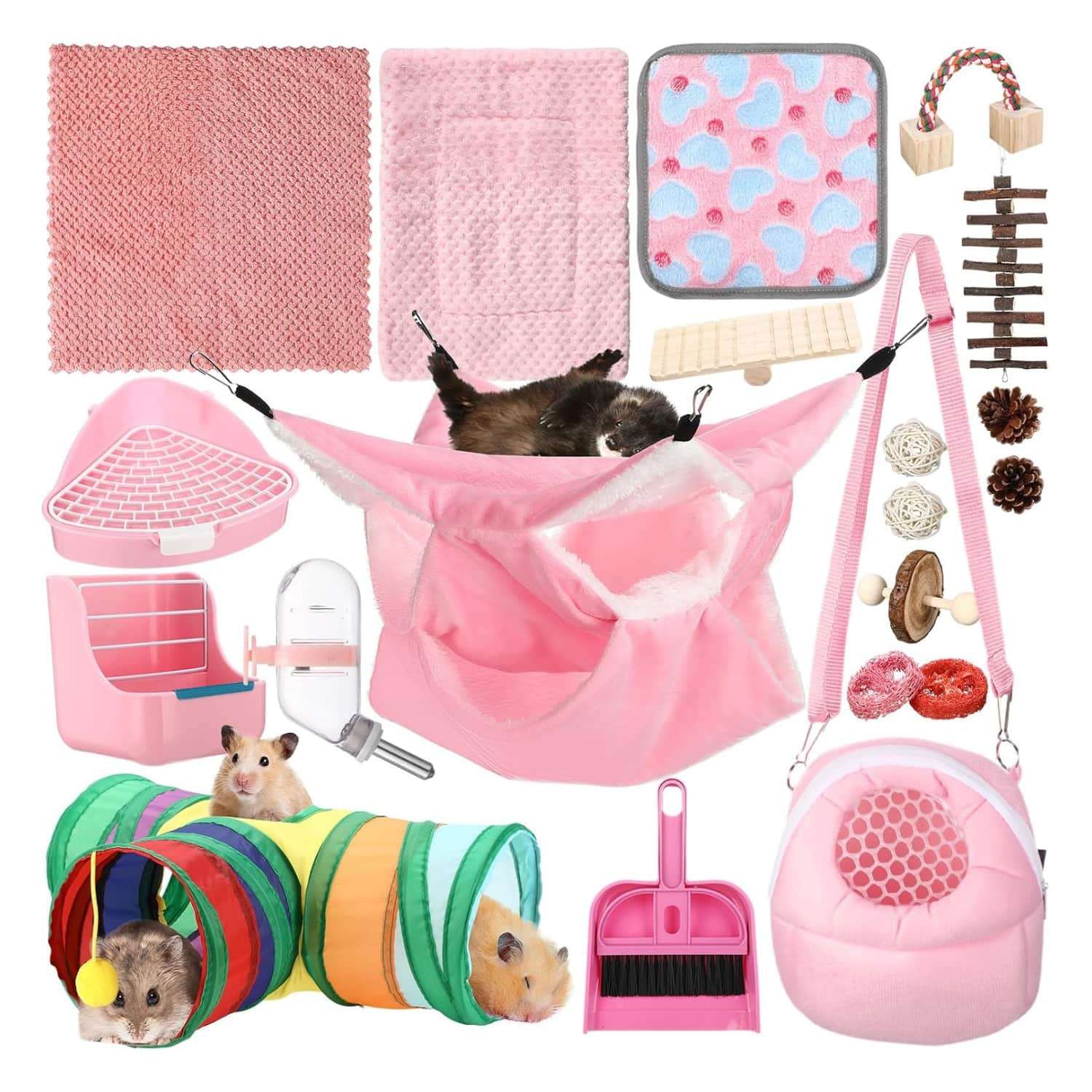 Kit de Inicio 20 Accesorios Rosa para Hámster (Ruso, Sirio). Incluye Inodoro, Hamaca, Tazón y 10 Juguetes Molares de plástico/madera.