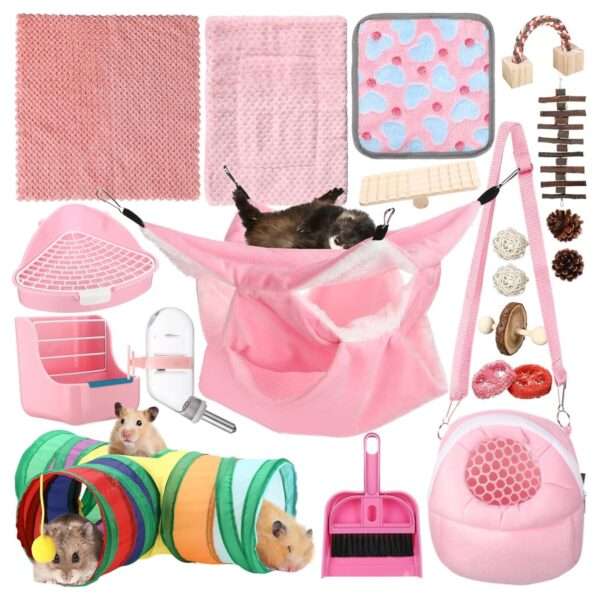 Kit de Inicio 20 Accesorios Rosa para Hámster (Ruso, Sirio). Incluye Inodoro, Hamaca, Tazón y 10 Juguetes Molares de plástico/madera.