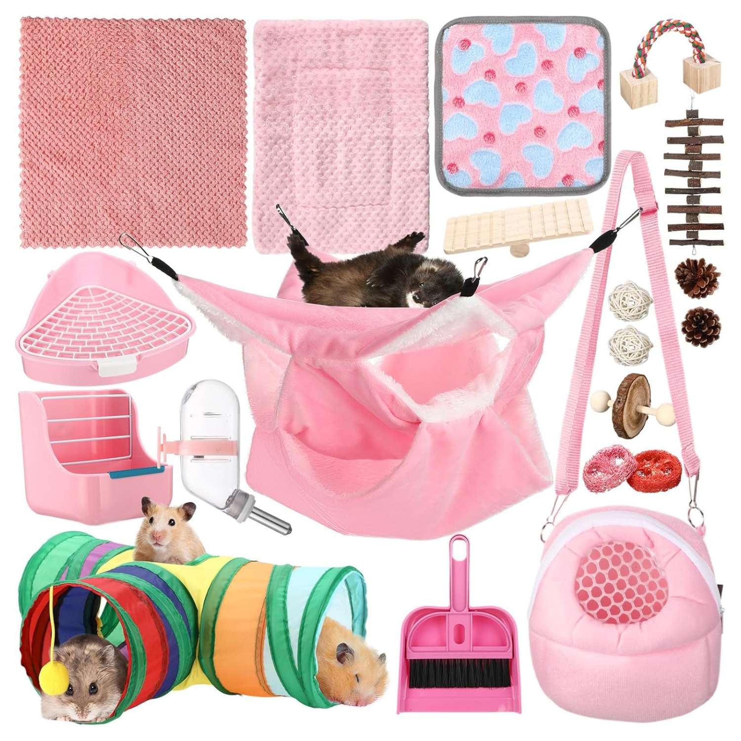Kit de Inicio 20 Accesorios Rosa para Hámster (Ruso, Sirio). Incluye Inodoro, Hamaca, Tazón y 10 Juguetes Molares de plástico/madera.