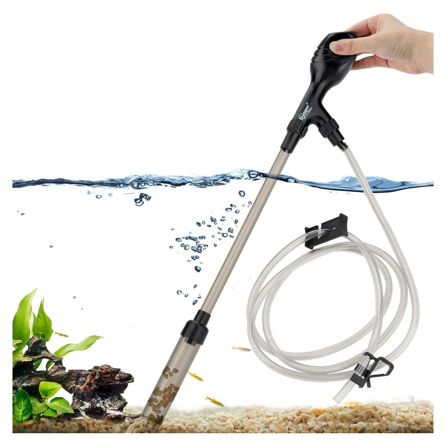 Limpiador de grava y sifón manual Hygger para acuario. Incluye manguera de 79 pulgadas, tubo de lavado y bomba de mango ergonómico para succión rápida (80 GPH).