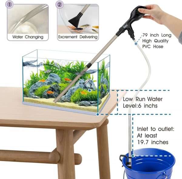 Limpiador de grava y sifón manual Hygger para acuario. Incluye manguera de 79 pulgadas, tubo de lavado y bomba de mango ergonómico para succión rápida (80 GPH).