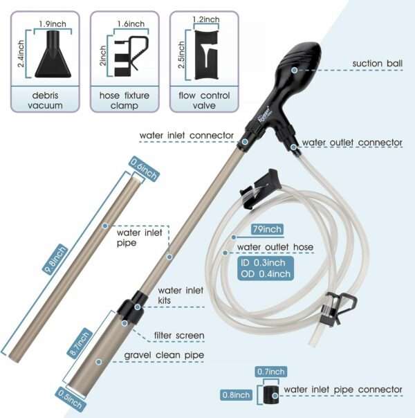 Limpiador de grava y sifón manual Hygger para acuario. Incluye manguera de 79 pulgadas, tubo de lavado y bomba de mango ergonómico para succión rápida (80 GPH).