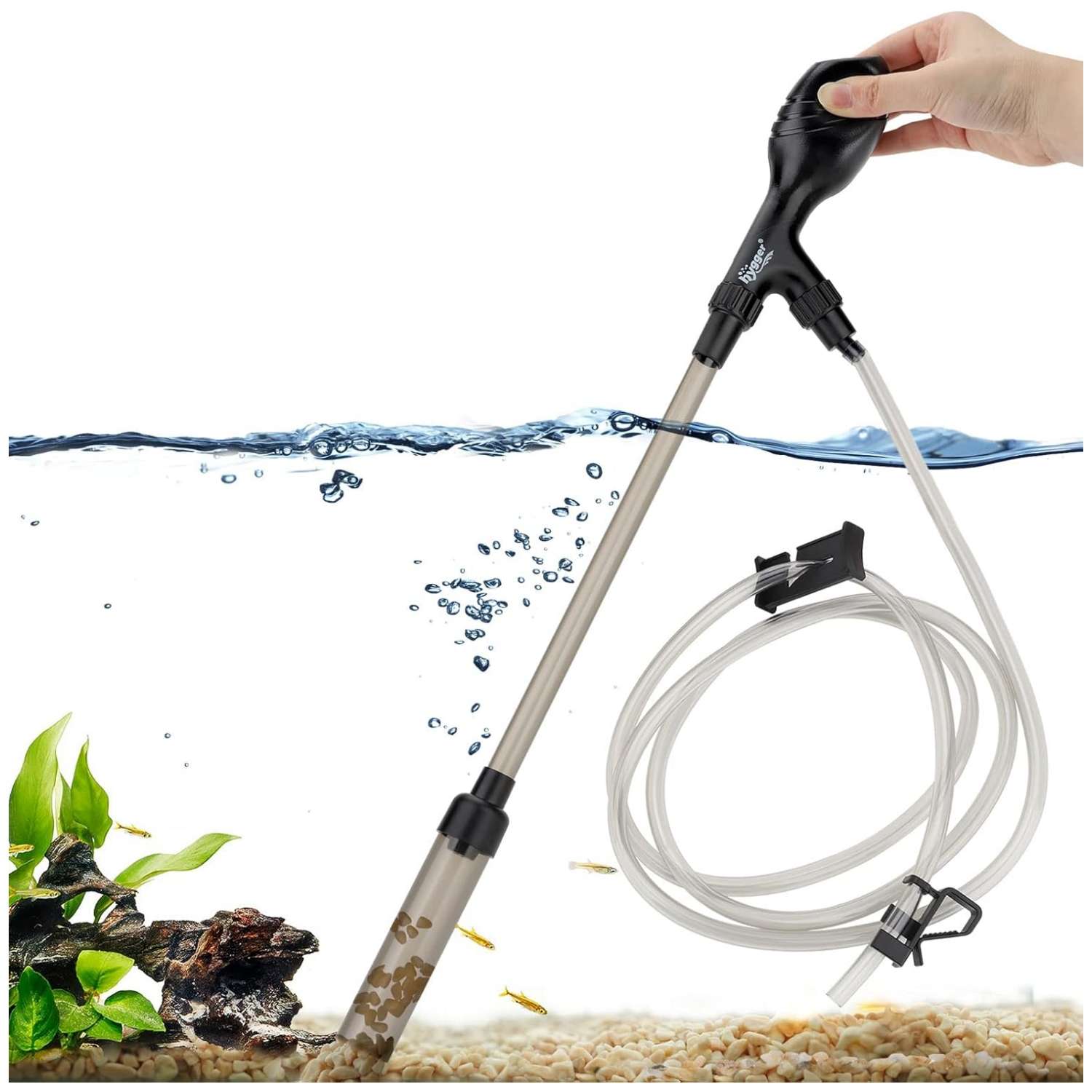 Limpiador de grava y sifón manual Hygger para acuario. Incluye manguera de 79 pulgadas, tubo de lavado y bomba de mango ergonómico para succión rápida (80 GPH).