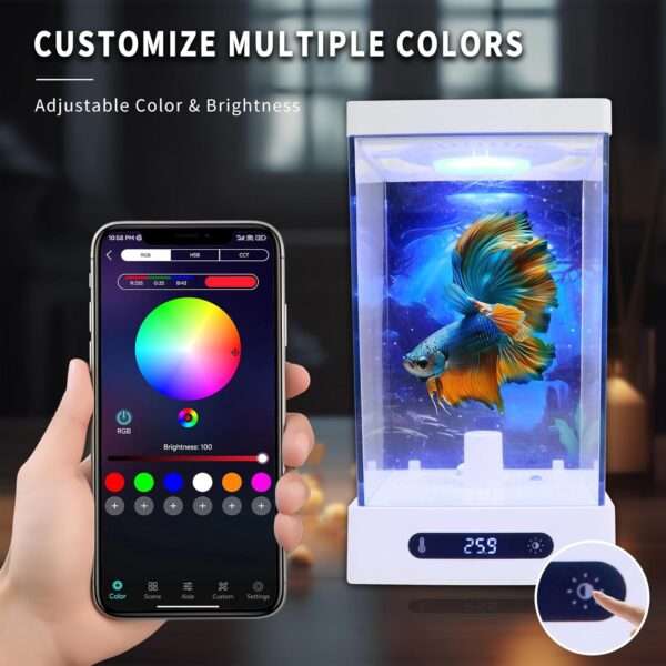 Mini acuario de acrílico inteligente 0.4 galón (13x11x20 cm). Base antideslizante, con calentador y sensor de temperatura, e iluminación LED RGB controlable por aplicación móvil.
