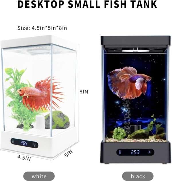 Mini acuario de acrílico inteligente 0.4 galón (13x11x20 cm). Base antideslizante, con calentador y sensor de temperatura, e iluminación LED RGB controlable por aplicación móvil.
