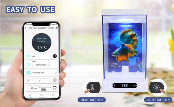 Mini acuario de acrílico inteligente 0.4 galón (13x11x20 cm). Base antideslizante, con calentador y sensor de temperatura, e iluminación LED RGB controlable por aplicación móvil.