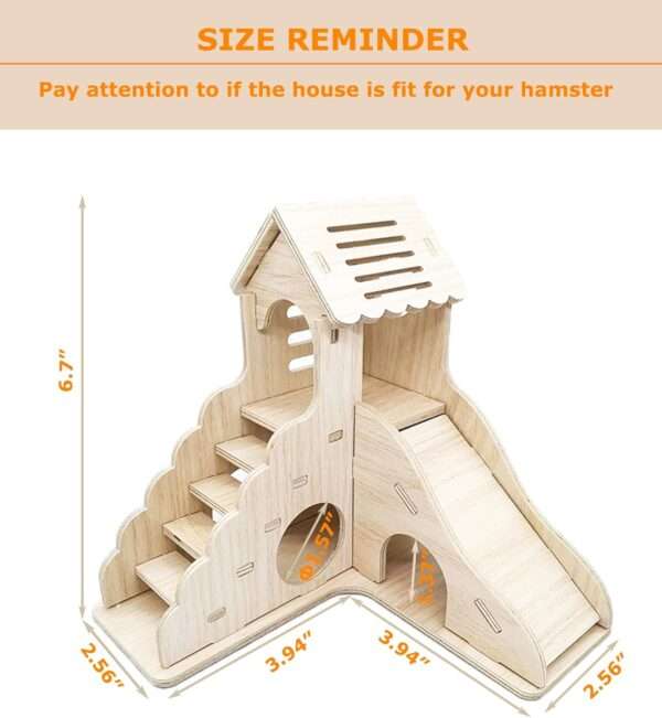 Mini Cabaña Laberinto de Madera Natural para Hámster Enano (16.5x16.5x17 cm). Escondite sin clavos con escalera y tobogán para juego.