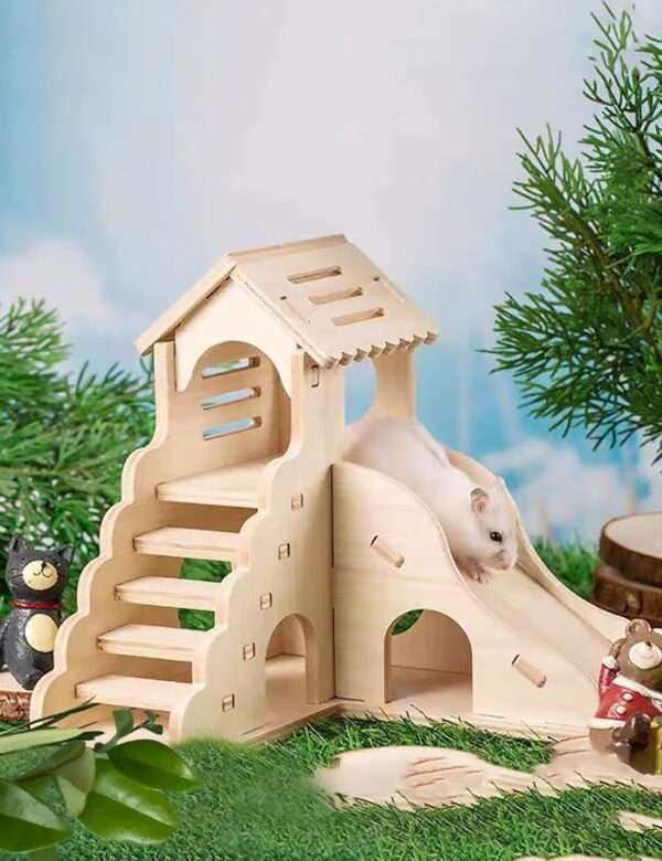 Mini Cabaña Laberinto de Madera Natural para Hámster Enano (16.5x16.5x17 cm). Escondite sin clavos con escalera y tobogán para juego.