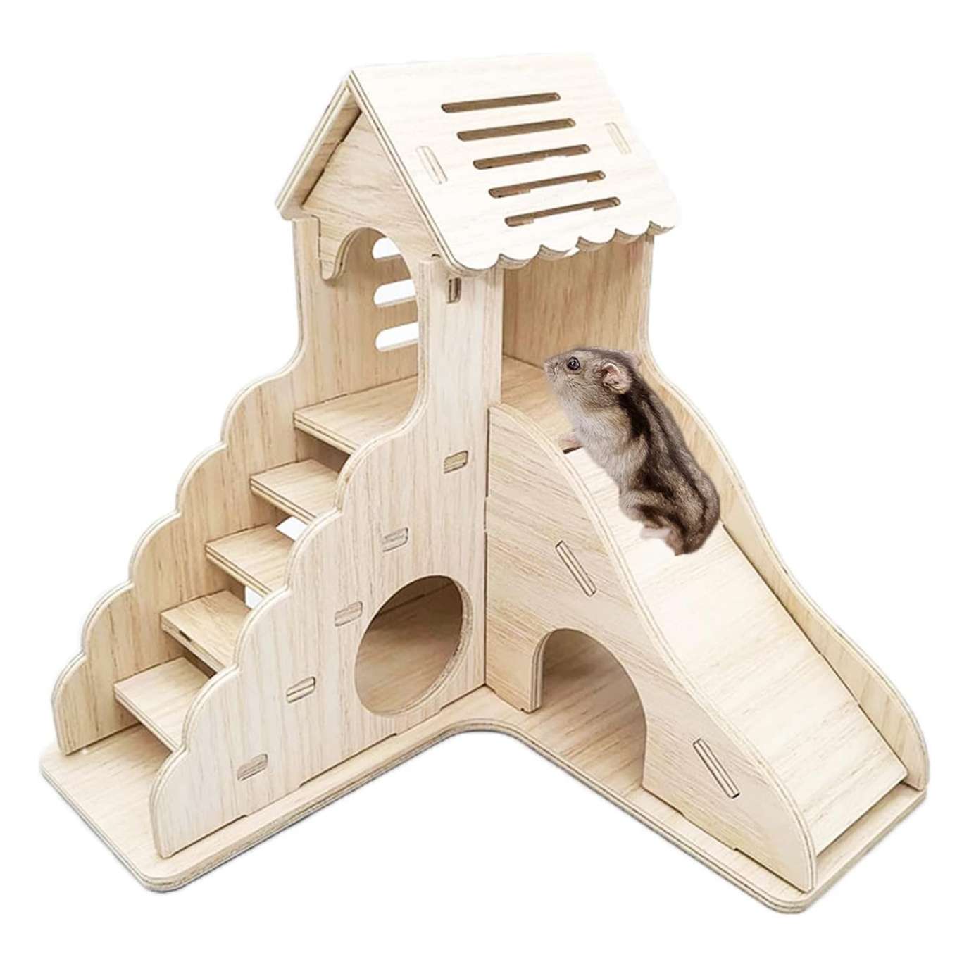 Mini Cabaña Laberinto de Madera Natural para Hámster Enano (16.5x16.5x17 cm). Escondite sin clavos con escalera y tobogán para juego.